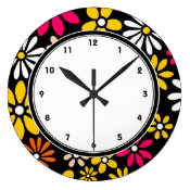 Black white yellow and pink 70s retro Flower pattern clock