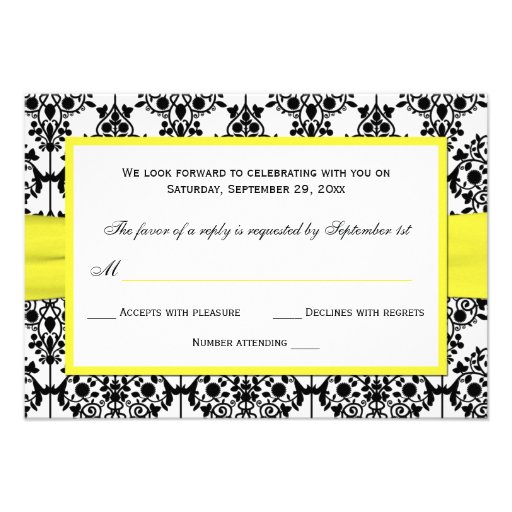 Black, White, Yellow Damask RSVP Card Invitations