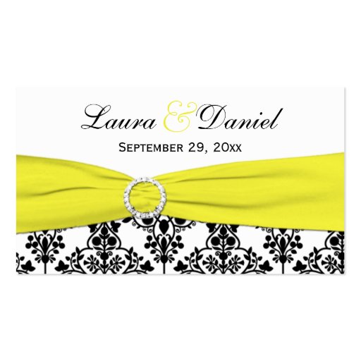 Black, White, Yellow Damask Wedding Favor Tag Business Card Template (front side)