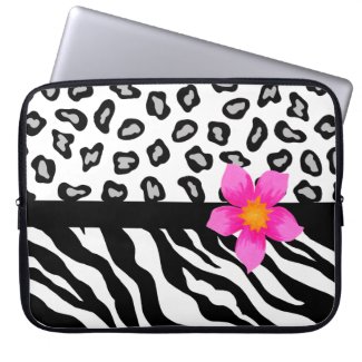 Black & White Zebra & Cheetah Skin & Pink Flower Computer Sleeves