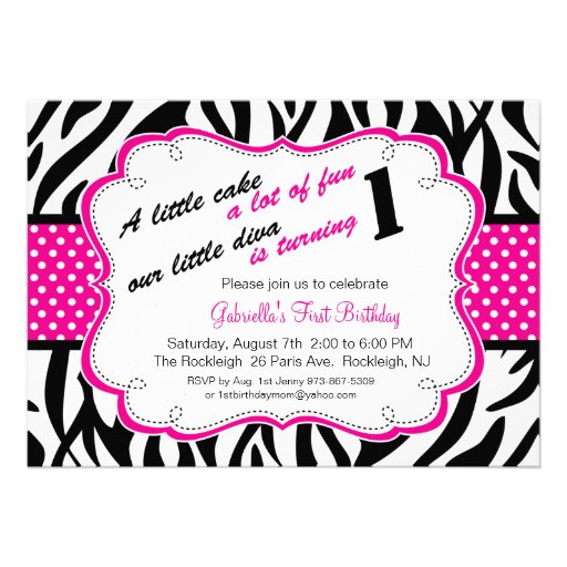 Black & White Zebra Girls First Birthday Invite