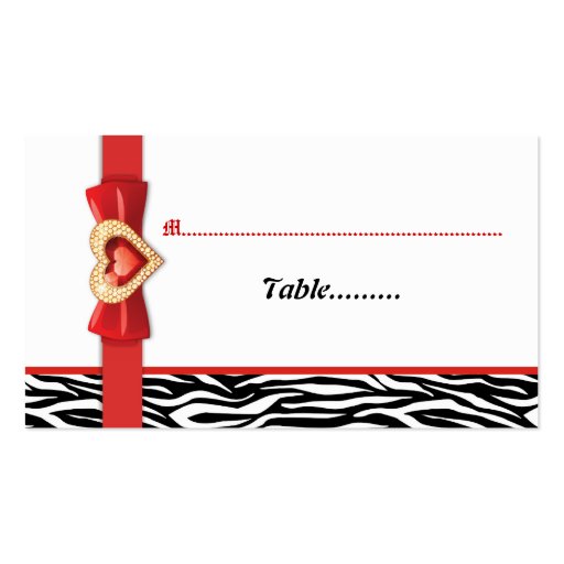 Black white zebra print, red wedding place card business card template (back side)