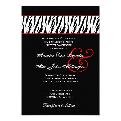 Black White Zebra Red Accents Wedding Z002 Custom Invite