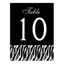 Black White Zebra Table Number Part of Set of 12 Post Cards