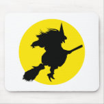 Black witch silhouette against golden full moon mouse pads
