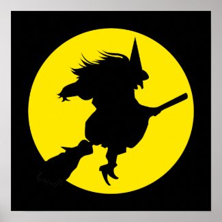 Black witch silhouette against golden full moon print