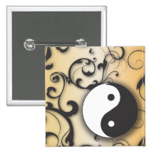 Black with Bronze Yin & Yang with scrolls Pinback Buttons