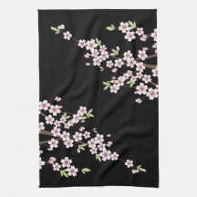 Black with Pink and Green Cherry Blossom Sakura Hand Towel