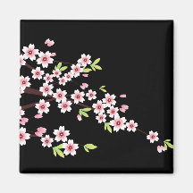 Black with Pink and Green Cherry Blossom Sakura Fridge Magnet