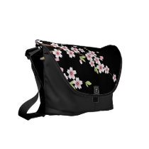 Black with Pink and Green Cherry Blossom Sakura Messenger Bag