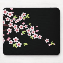 Black with Pink and Green Cherry Blossom Sakura Mouse Pads