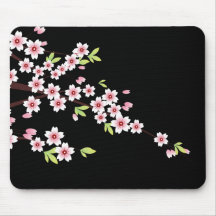 Black with Pink and Green Cherry Blossom Sakura Mouse Pads