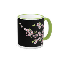 Black with Pink and Green Cherry Blossom Sakura Coffee Mug