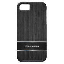 Black Wood Look with Silver Metal Leather Label | iPhone 5 Covers  at Zazzle
