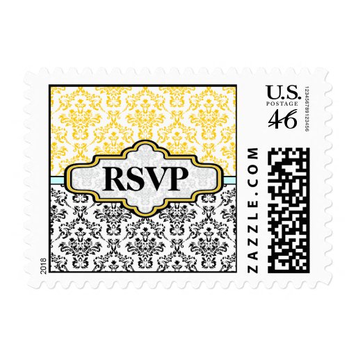 Black yellow aqua damask wedding custom RSVP stamp