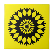 Black Yellow Bold Floral Kaleidoscope Mandala Ceramic Tile