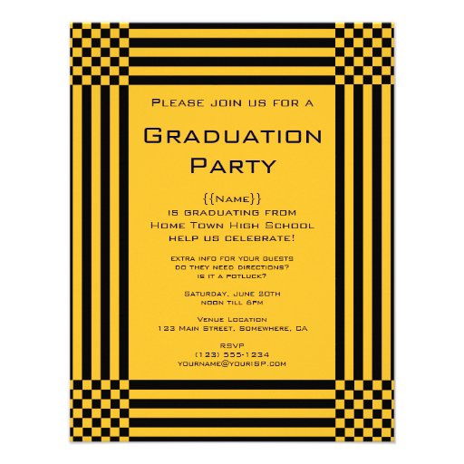Black Yellow Checkers Stripes Graduation Party Invitations (front side)