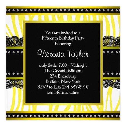 Black Yellow Zebra Quinceanera Party Invitations