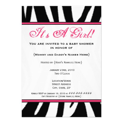 Black Zebra Print and Pink Baby Shower Invitation