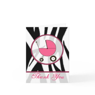 Black Zebra Print / Pink Baby Carriage Thank You card
