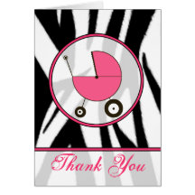 Black Zebra Print / Pink Baby Carriage Thank You Greeting Card