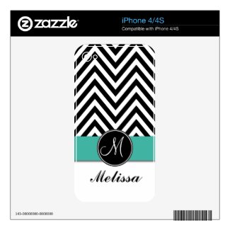 Black Zig Zag Turquoise Personalized iPhone 4 Skin musicskins_skin