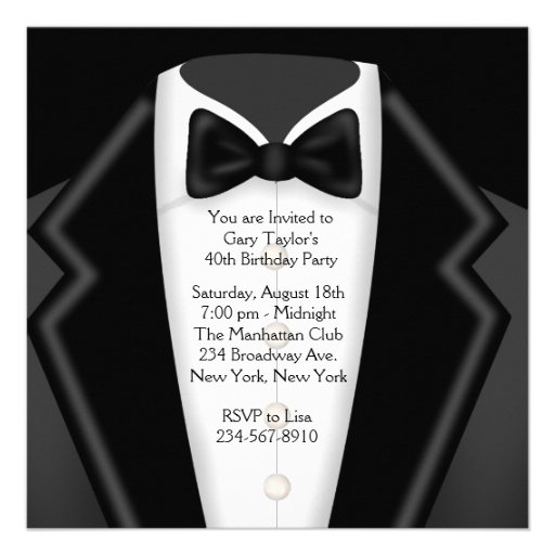 BlackTuxedo Mans Black White 40th Birthday Party Custom Invite