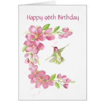 Blank 96th Birthday Cherry Blossom & Hummingbird Greeting Cards