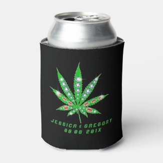 Bling & Green Cannabis Leaf Illustration Can Cooler