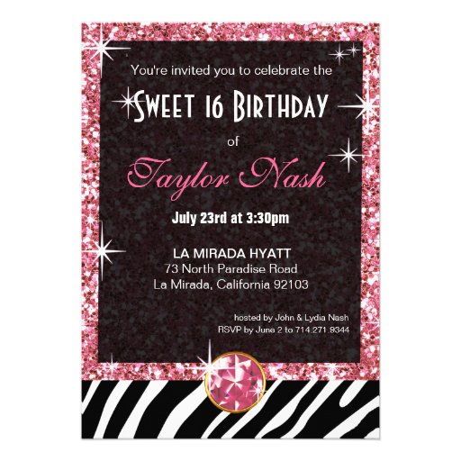 Bling Tiara Zebra Sweet 16 Birthday Celebration Custom Announcement