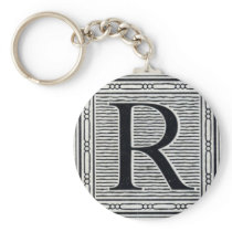 Block Letter "R" Woodcut Woodblock Inital Keychain