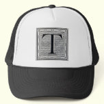 Block Letter "T" Woodcut Woodblock Inital hats