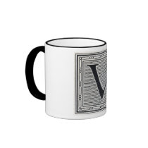 Block Letter "V" Woodcut Woodblock Inital mugs