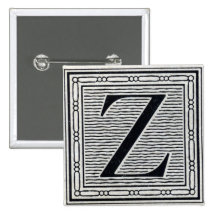 Block Letter "Z" Woodcut Woodblock Inital Pinback Button