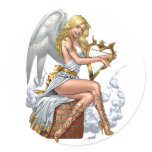 Blond Angel with Golden Heart-shaped Harp - Al Rio Round Sticker