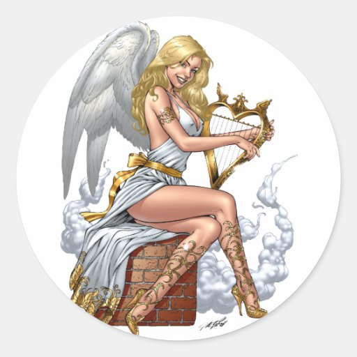 Blond Angel with Golden Heart-shaped Harp - Al Rio Round Sticker