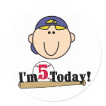 Blond Boy Baseball 5th Birthday Round Sticker