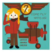 Blond Girl Pilot Birthday Invitations