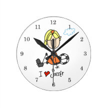 Blond Girl Stick Figure I Love Soccer Gifts Round Wallclocks