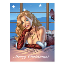 blond hair, pinup, girl, al rio, christmas, santa, illustration, drawing, blue eyes, Postcard with custom graphic design