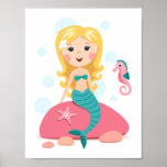Blond mermaid cartoon girl with starfish seahorse print