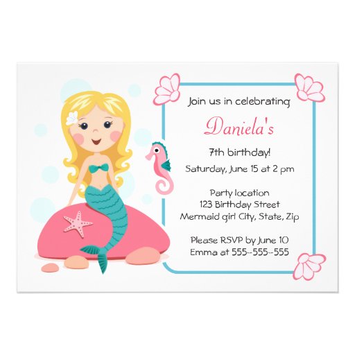 Blond mermaid girl cute girly birthday invitation