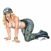 military, security, pinup girl, crawling, helmet, illustration, art, al rio, camo, boots, blond, Photo Sculpture with custom graphic design