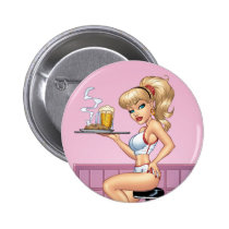 waitress, server, serving, plate, food, beer, art, illustration, service, al rio, Button with custom graphic design