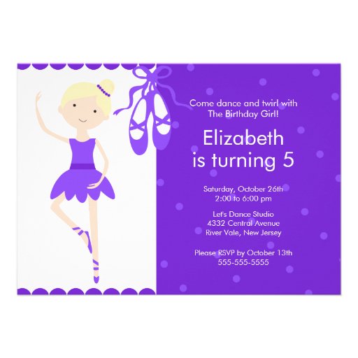 Blonde Ballerina Dance Birthday Invitation Purple