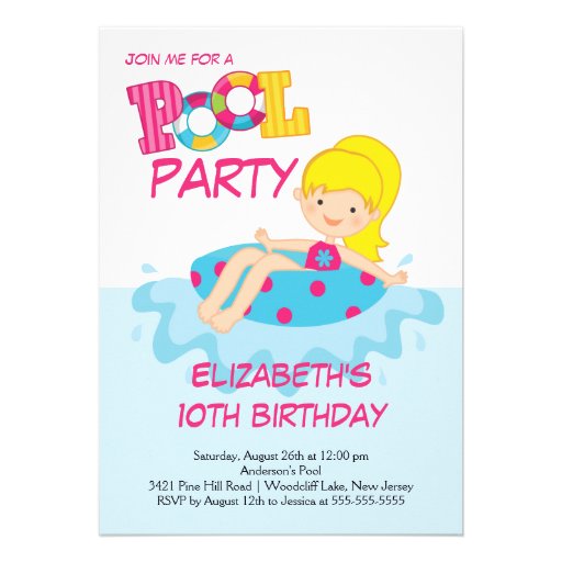 Blonde Girl Birthday Summer Pool Party Invitation (front side)