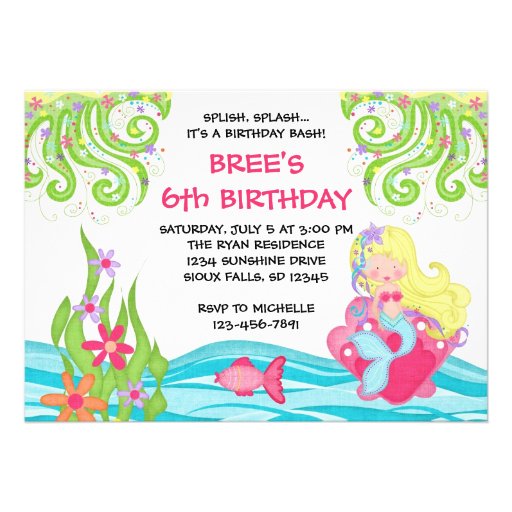 Blonde Mermaid Birthday Invitations (front side)