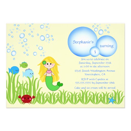 Blonde mermaid cute girl birthday party invitation