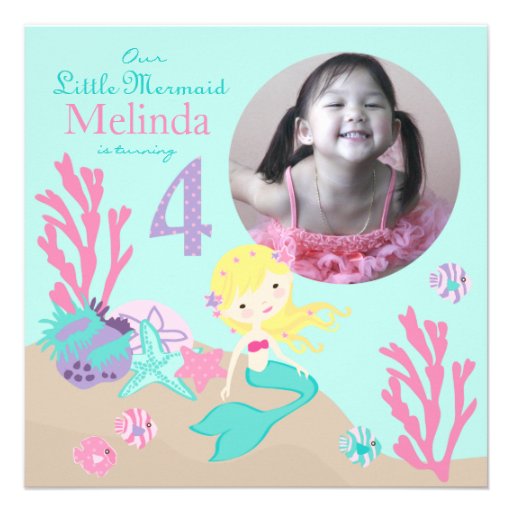 Blonde Mermaid Fourth Birthday Personalized Invitations