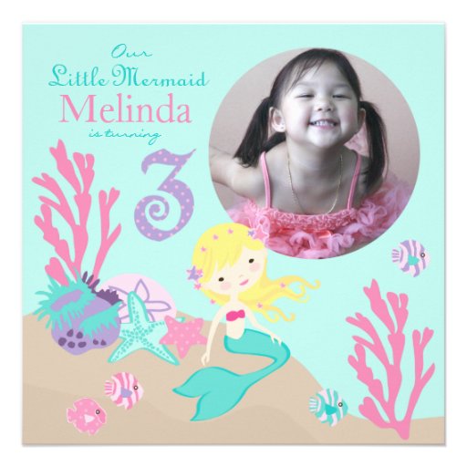 Blonde Mermaid Third Birthday Announcements